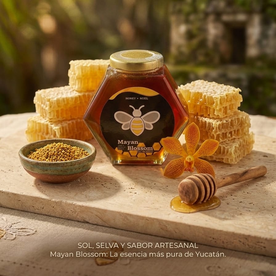 Miel Mayan Blossom con panales, polen y orquídea sobre piedra, con sol y selva de fondo