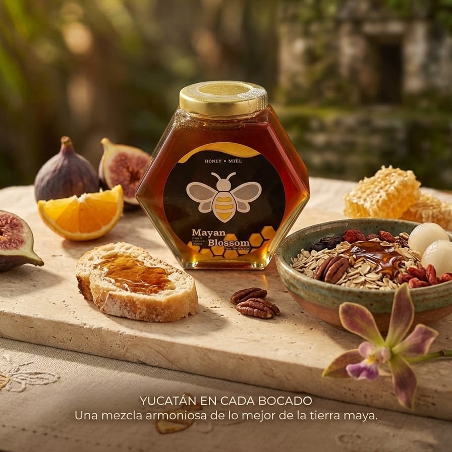 Miel Mayan Blossom con higos, naranja, pan y granola sobre una tabla de piedra