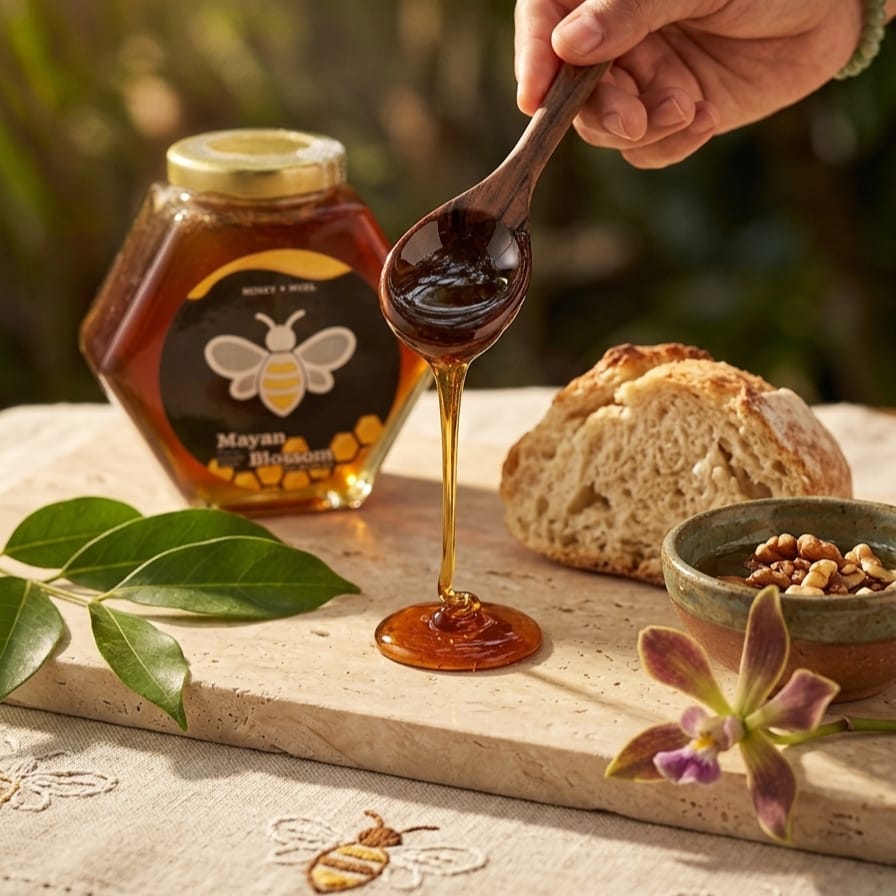 Hilo de miel cayendo de una cuchara de madera junto a pan artesanal y nueces